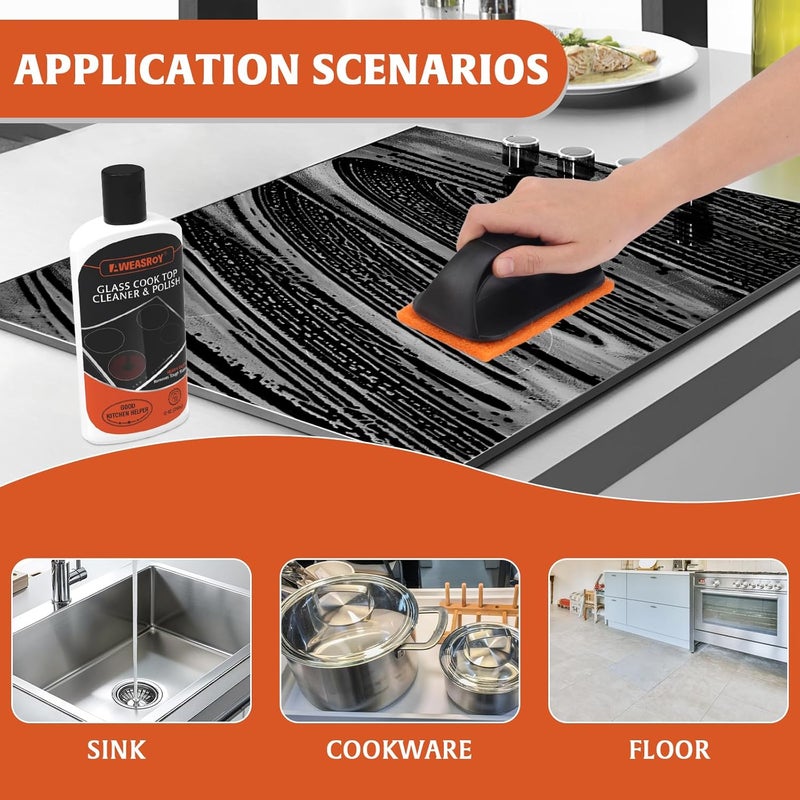 AWEASROY 20pcs Glass Stove Top Cleaner Kit - 12 oz Cooktop Cleaner Polish, Non-Abrasive No Scratch, Removes Tough Stains, Includes Scrubbing Pad, Scraper & Microfiber Cloth for Smooth Glass Surfaces - Image 4